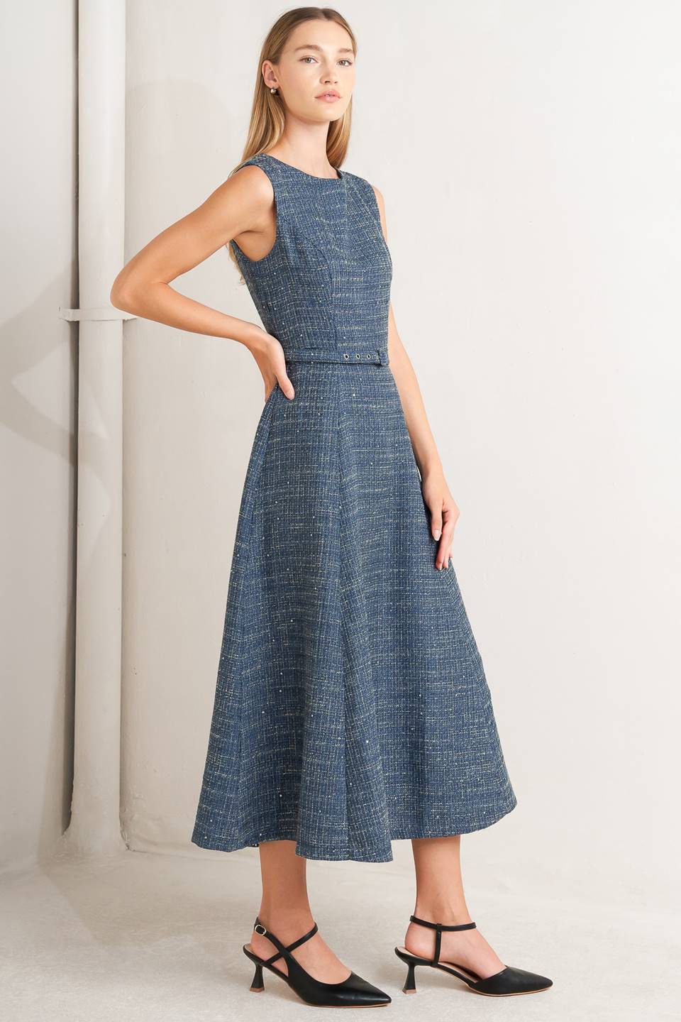VINTAGE VIBE BOUCLÉ WOVEN TWEED MIDI DRESS Flying Tomato
