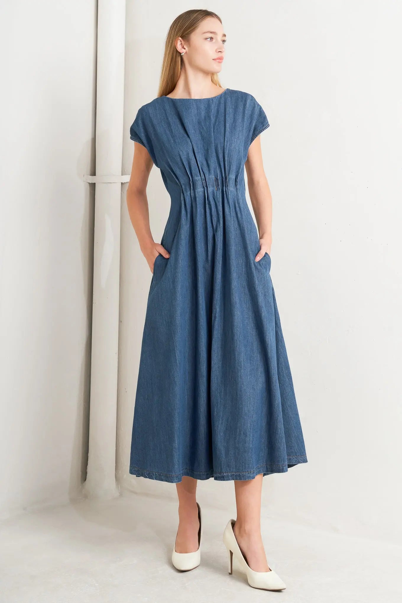 Modern Work Denim Midi Dress With Pleated Corset Waist And Back Zipper Closure Flying Tomato