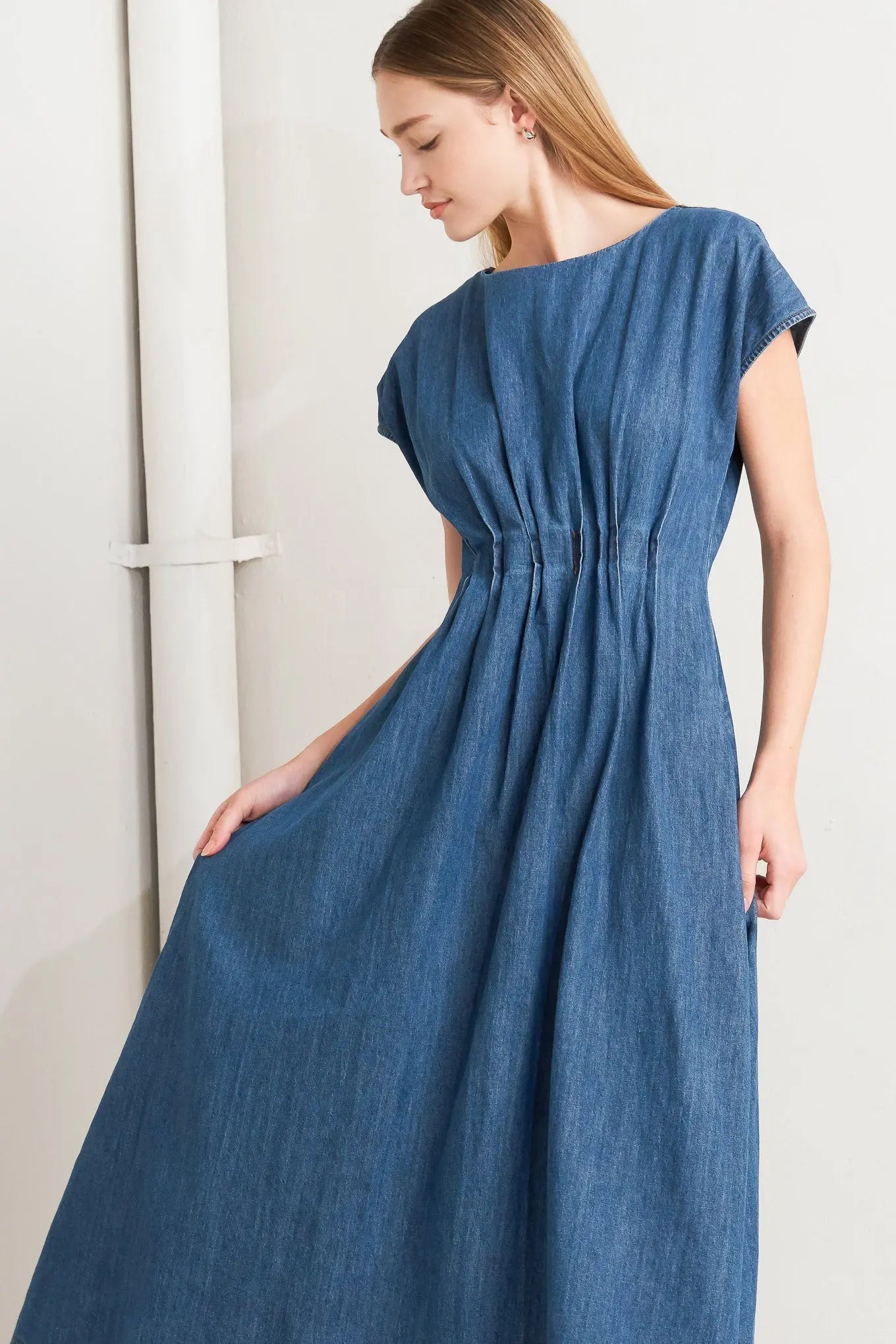 Modern Work Denim Midi Dress With Pleated Corset Waist And Back Zipper Closure Flying Tomato