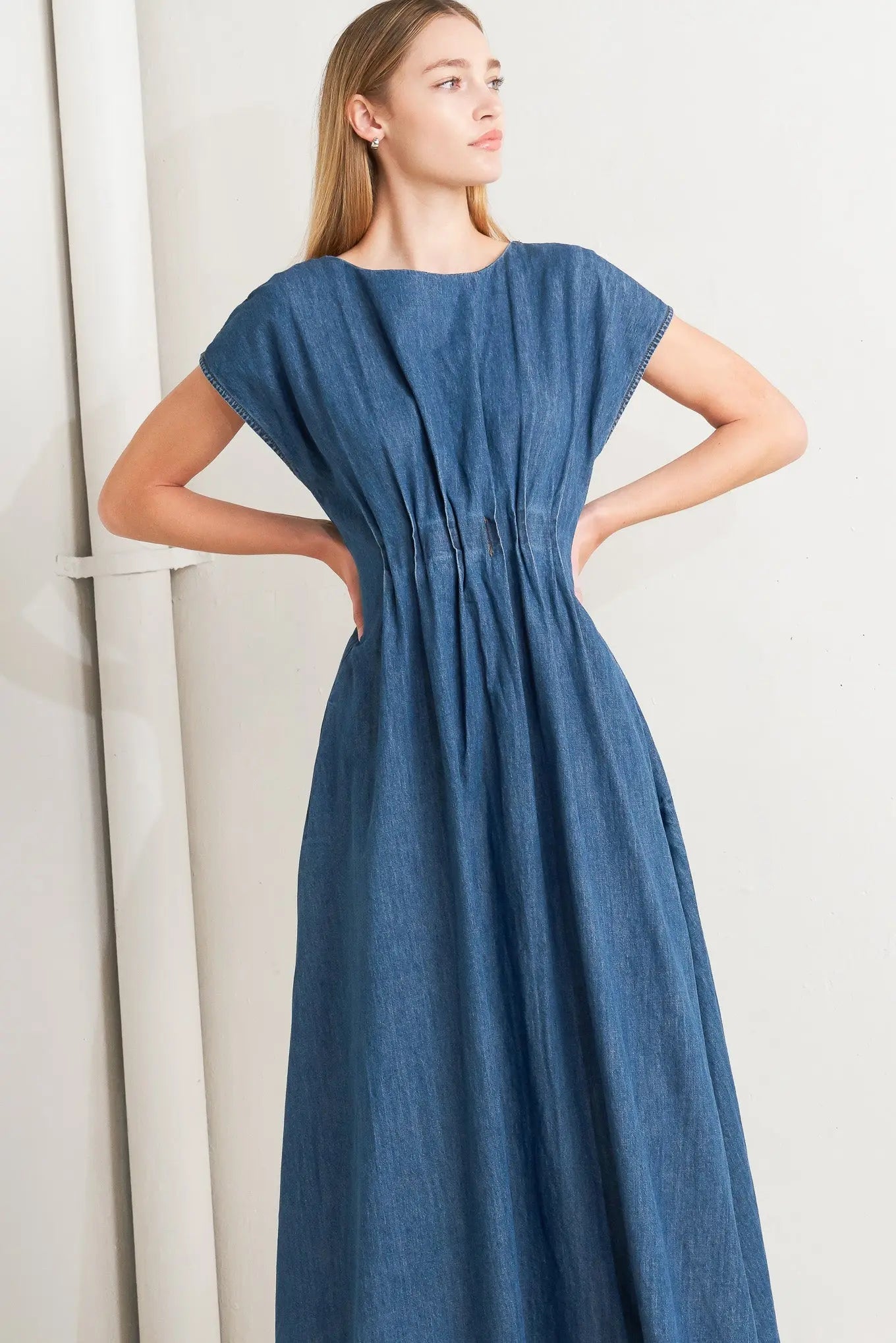 Modern Work Denim Midi Dress With Pleated Corset Waist And Back Zipper Closure Flying Tomato
