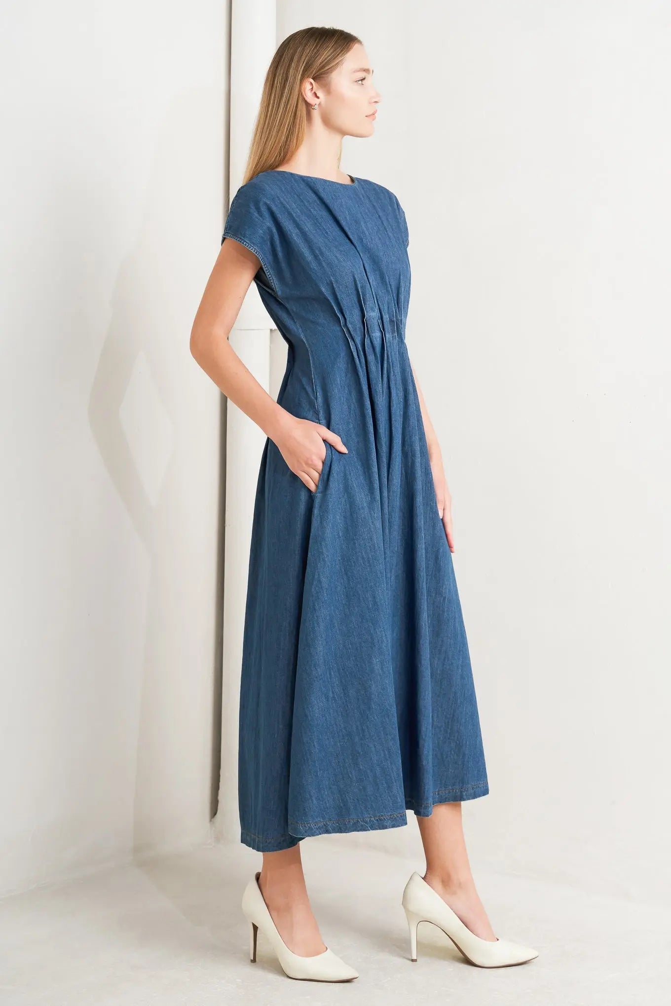 Modern Work Denim Midi Dress With Pleated Corset Waist And Back Zipper Closure Flying Tomato