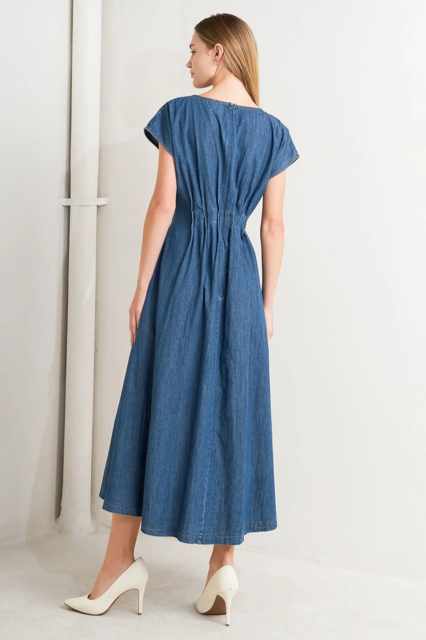 Modern Work Denim Midi Dress With Pleated Corset Waist And Back Zipper Closure Flying Tomato
