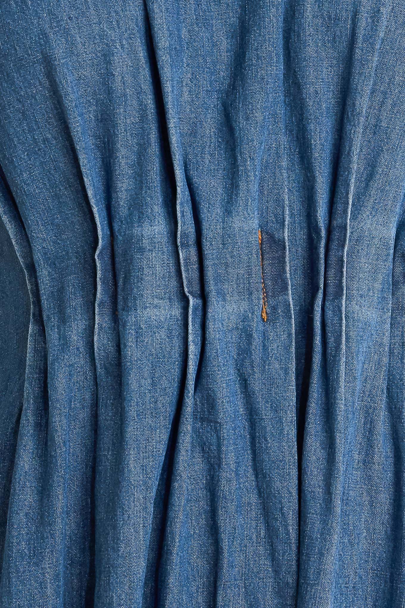 Modern Work Denim Midi Dress With Pleated Corset Waist And Back Zipper Closure Flying Tomato