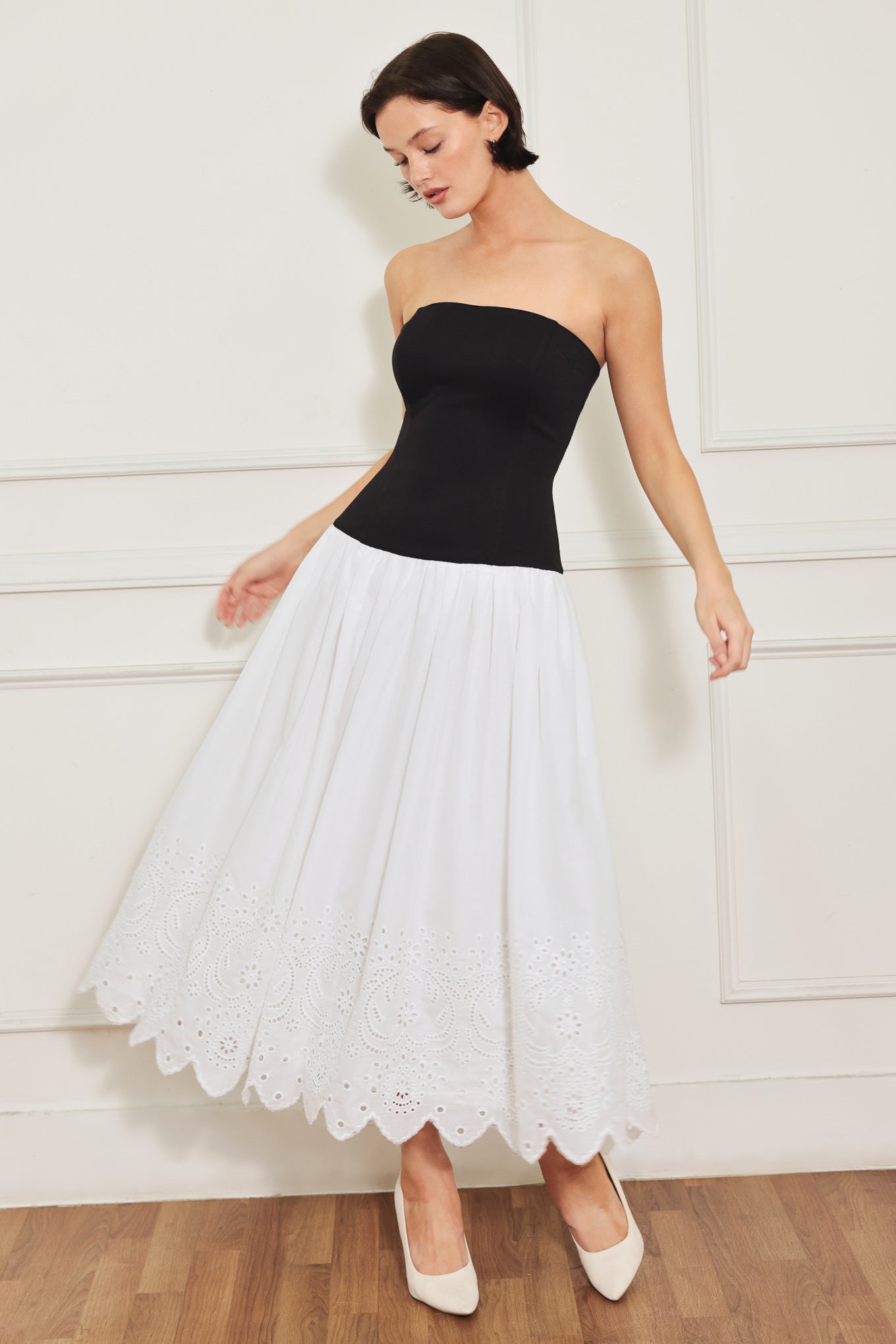 Soft Spoken Beauty Strapless Knit Top Midi Dress With Eyelet Skirt Back Zipper Flying Tomato