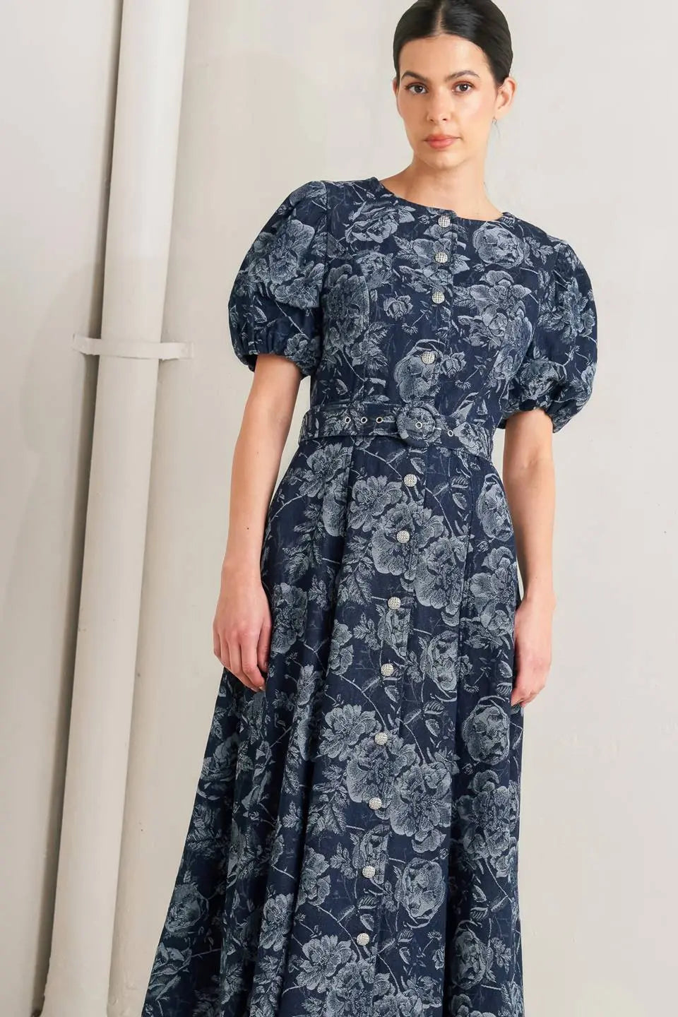 Dark Bloom Jacquard Denim Midi Dress With Bubble Sleeves And Self Belt Flying Tomato