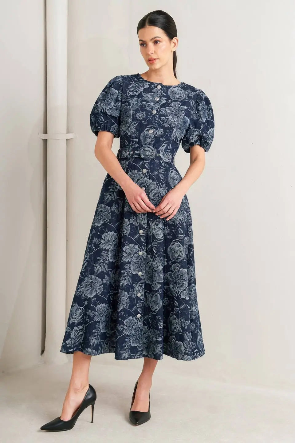 Dark Bloom Jacquard Denim Midi Dress With Bubble Sleeves And Self Belt Flying Tomato