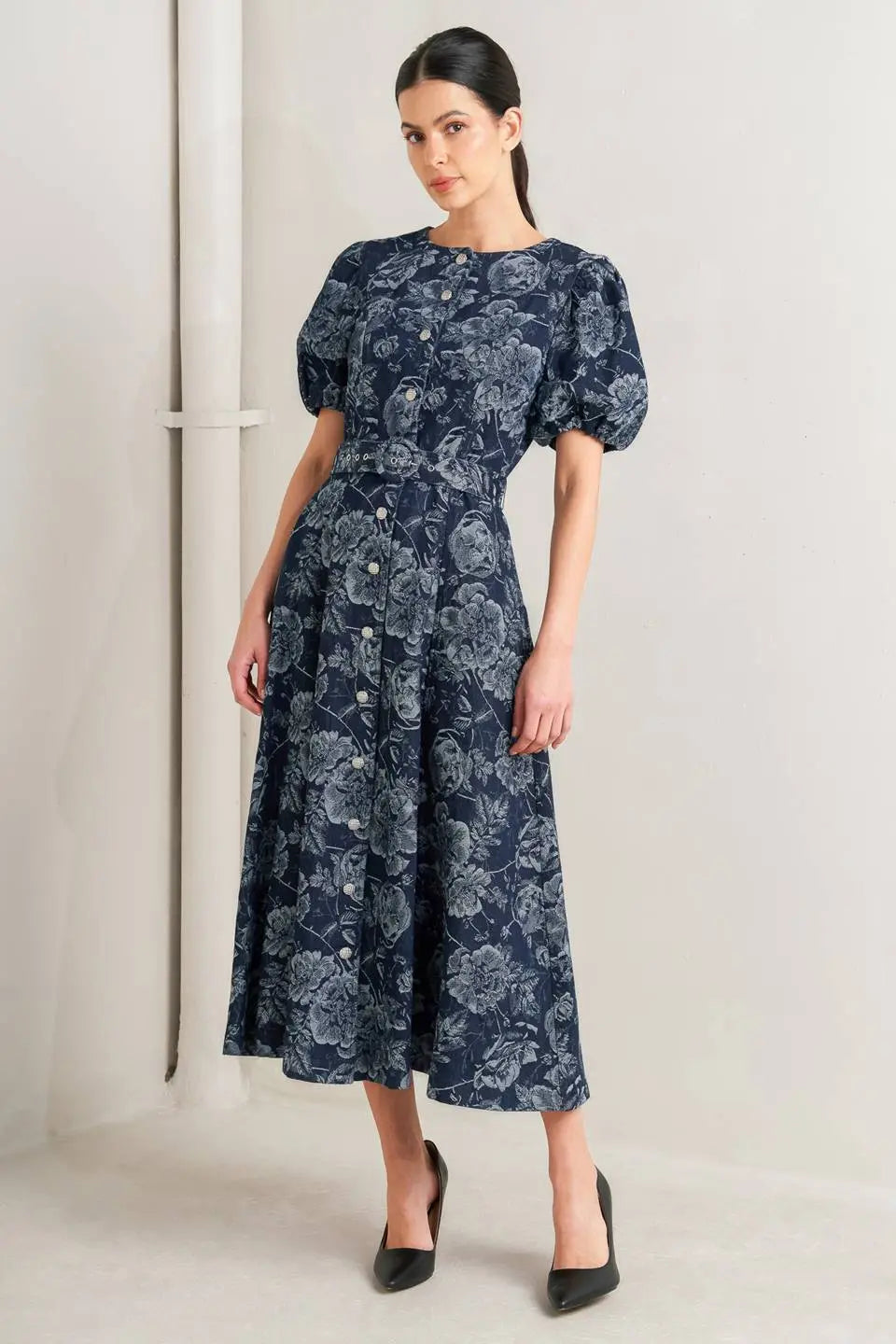 Dark Bloom Jacquard Denim Midi Dress With Bubble Sleeves And Self Belt Flying Tomato