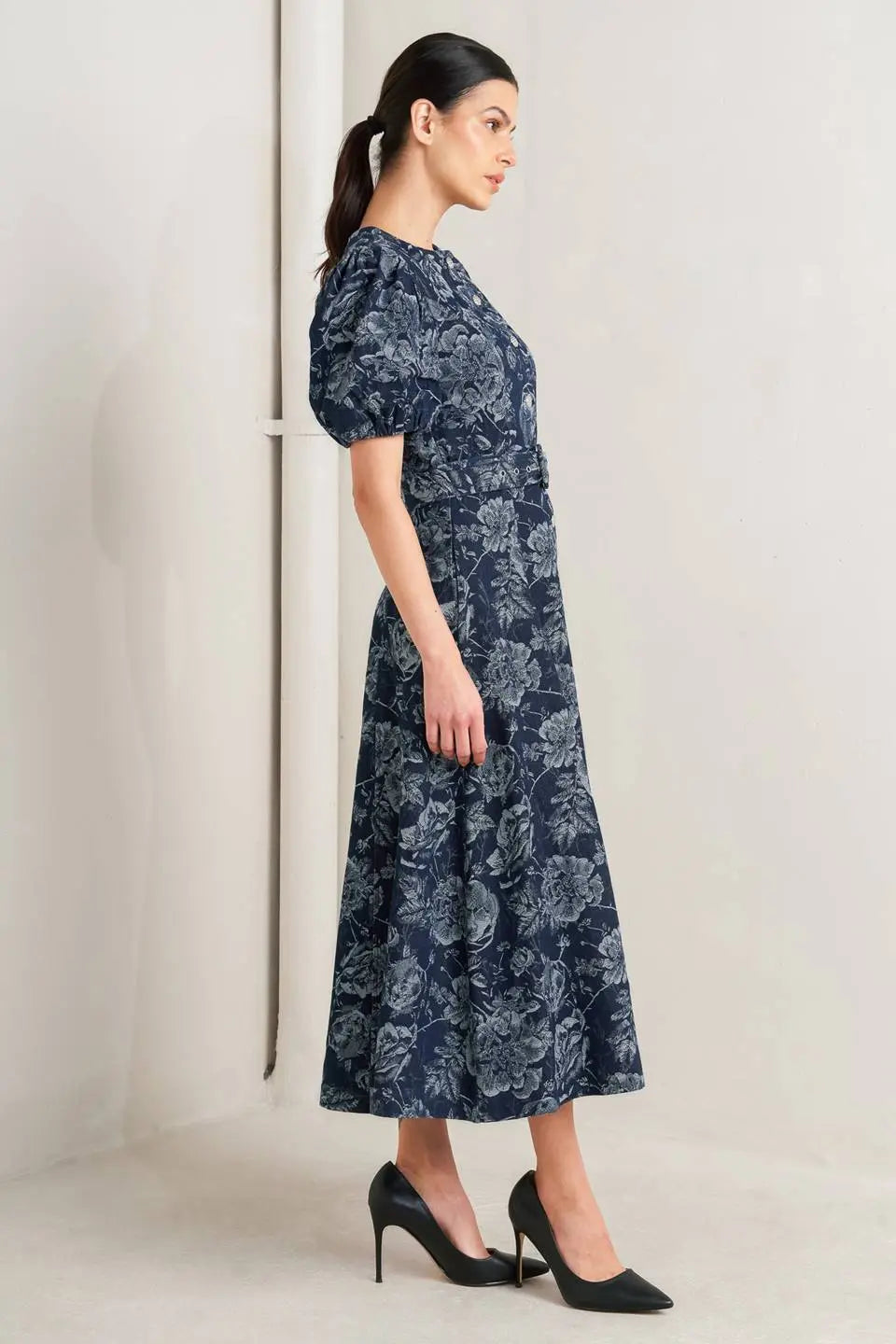 Dark Bloom Jacquard Denim Midi Dress With Bubble Sleeves And Self Belt Flying Tomato