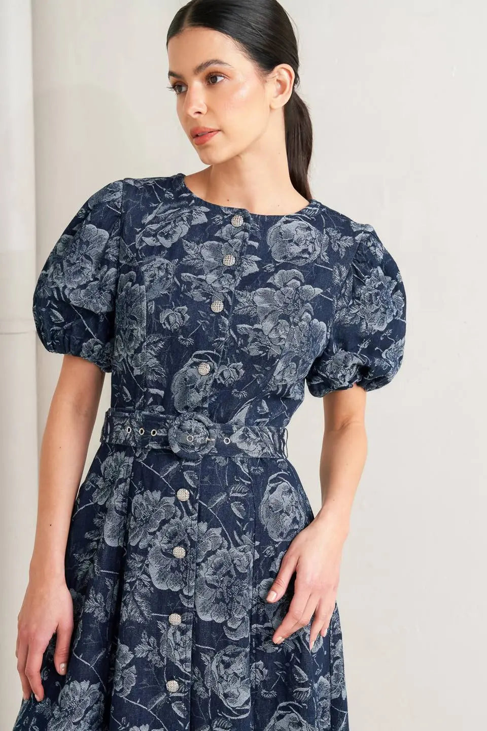 Dark Bloom Jacquard Denim Midi Dress With Bubble Sleeves And Self Belt Flying Tomato