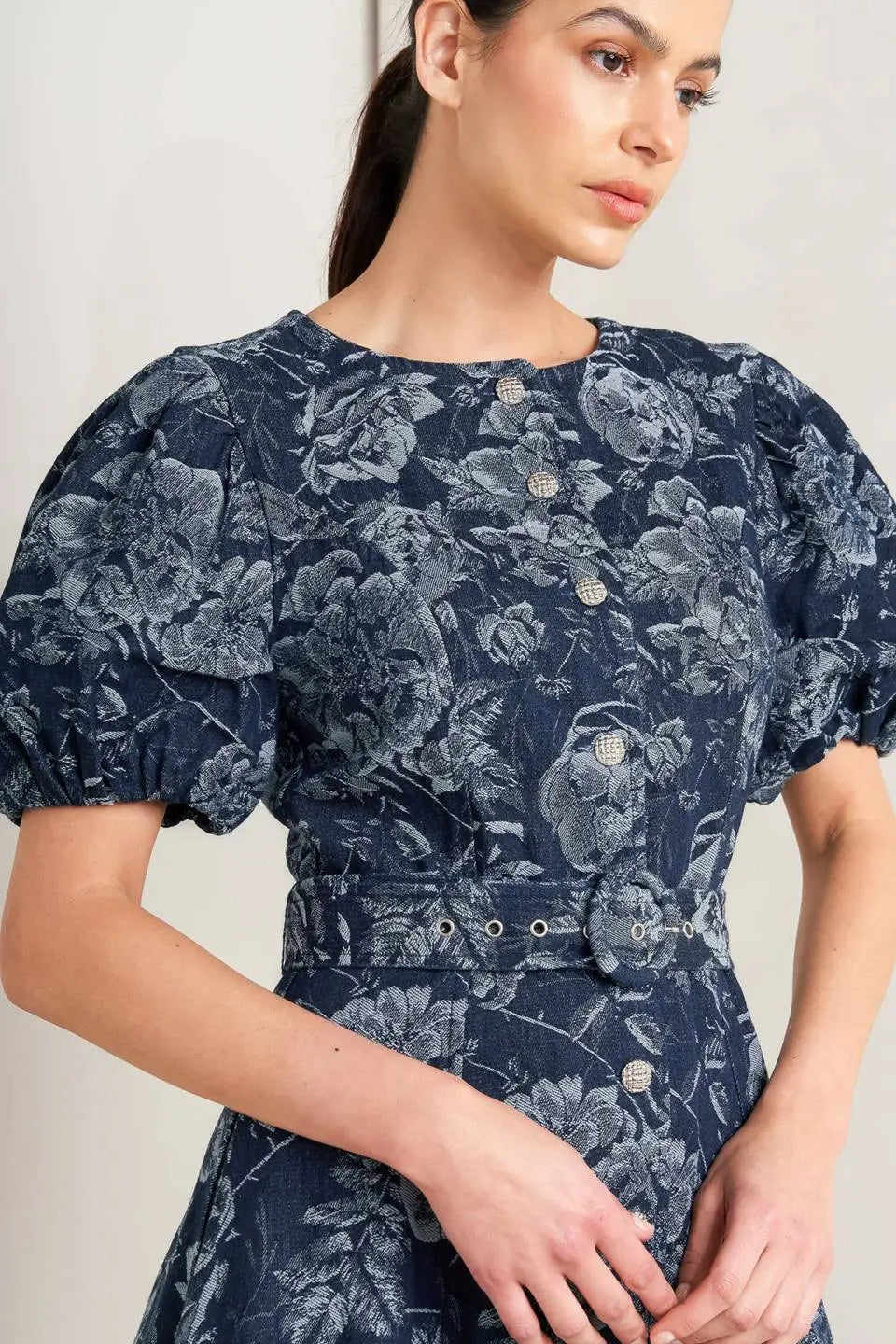 Dark Bloom Jacquard Denim Midi Dress With Bubble Sleeves And Self Belt Flying Tomato