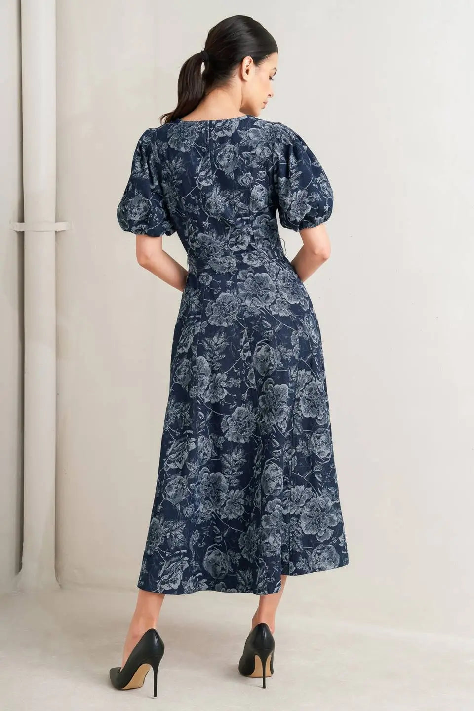 Dark Bloom Jacquard Denim Midi Dress With Bubble Sleeves And Self Belt Flying Tomato