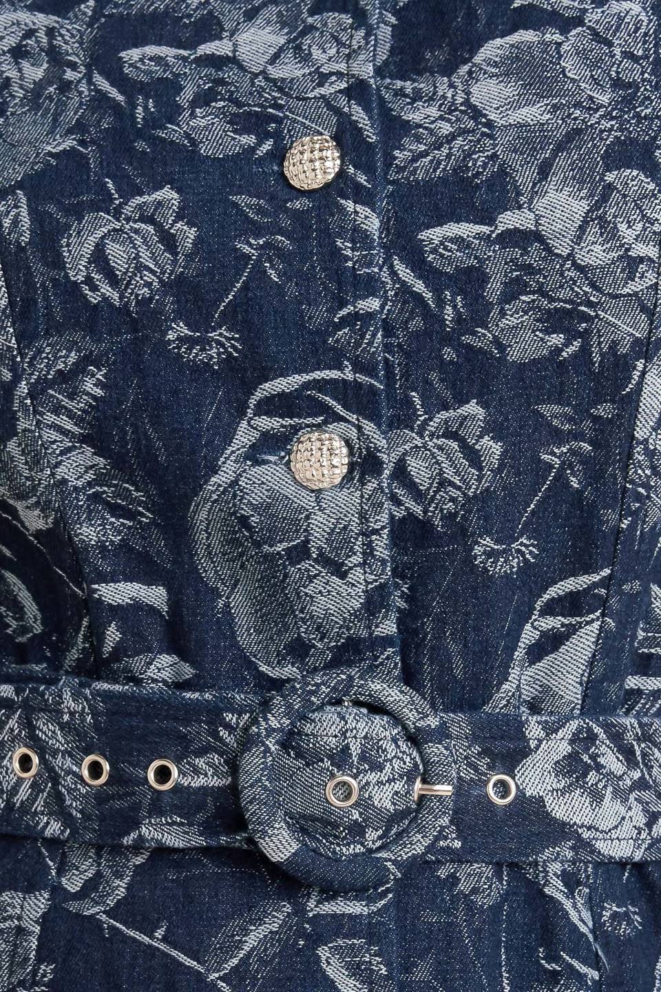 Dark Bloom Jacquard Denim Midi Dress With Bubble Sleeves And Self Belt Flying Tomato