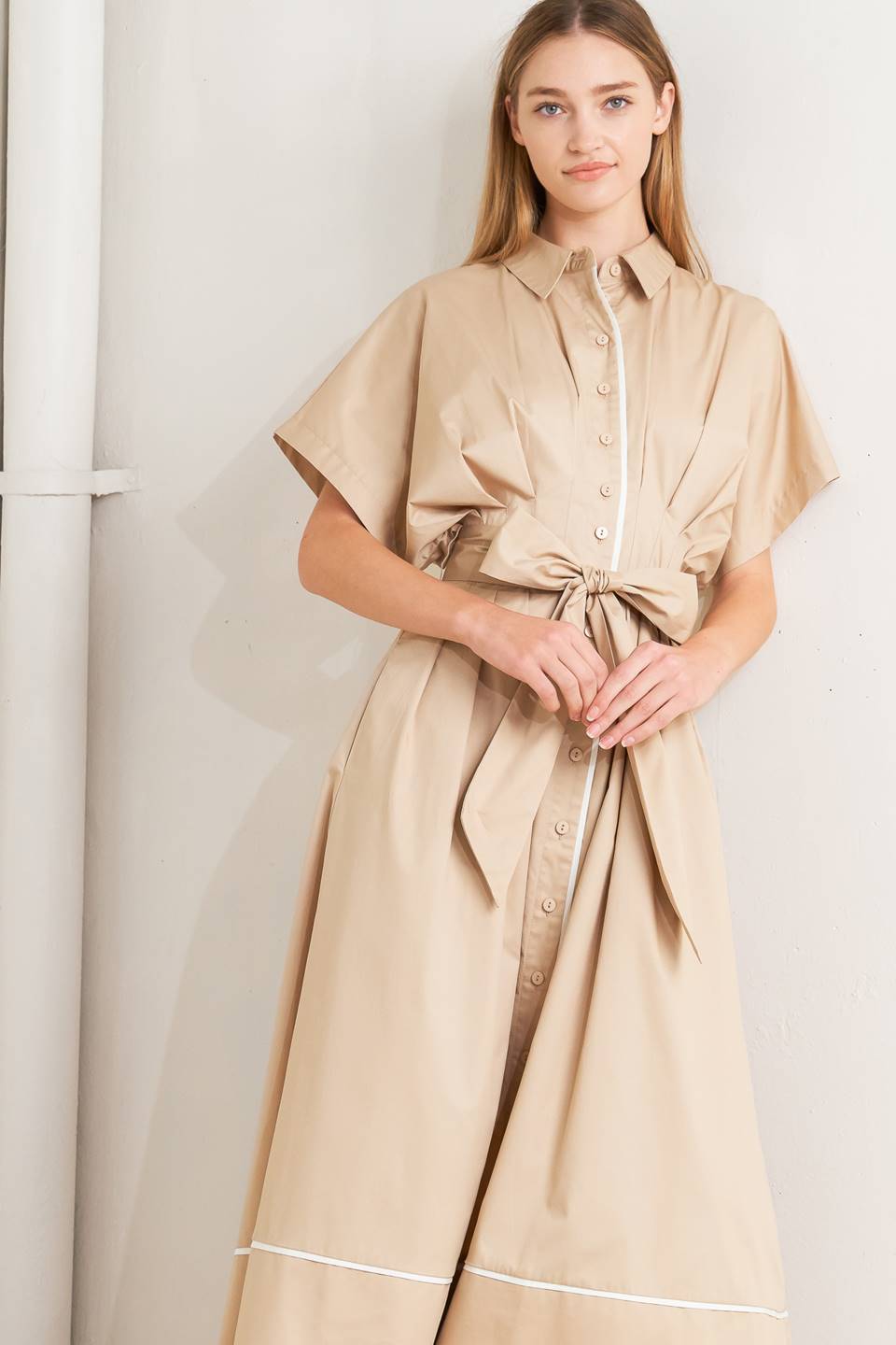 Catch You Later Khaki Woven Midi Dress With Front Button Down And Corset Waist Flying Tomato