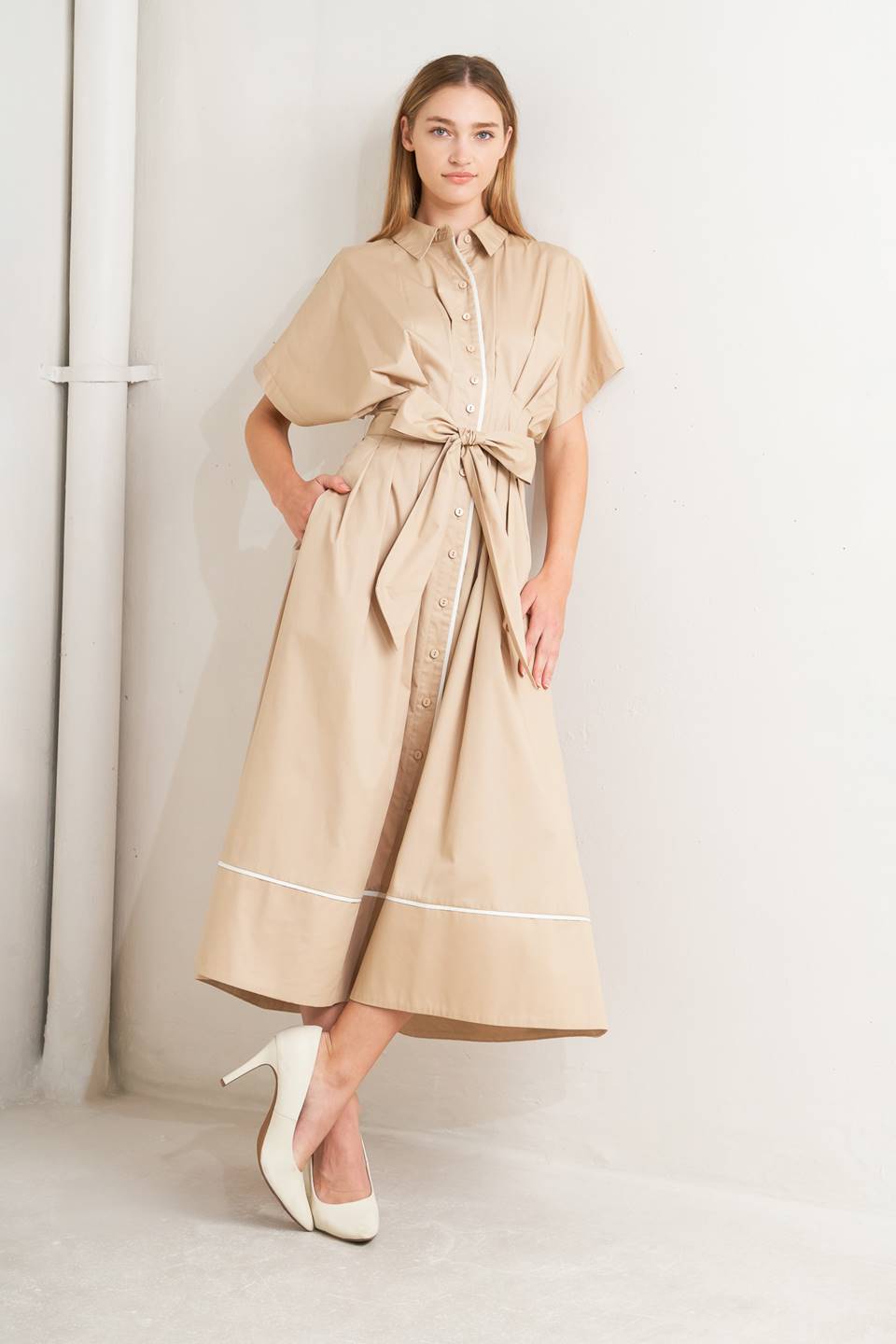 Catch You Later Khaki Woven Midi Dress With Front Button Down And Corset Waist Flying Tomato