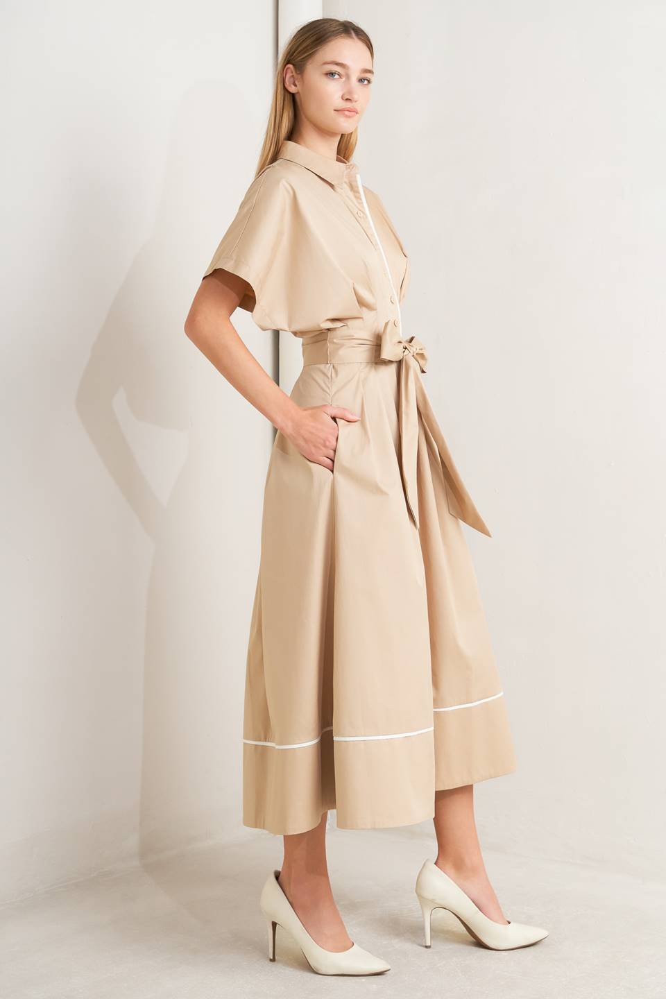 Catch You Later Khaki Woven Midi Dress With Front Button Down And Corset Waist Flying Tomato