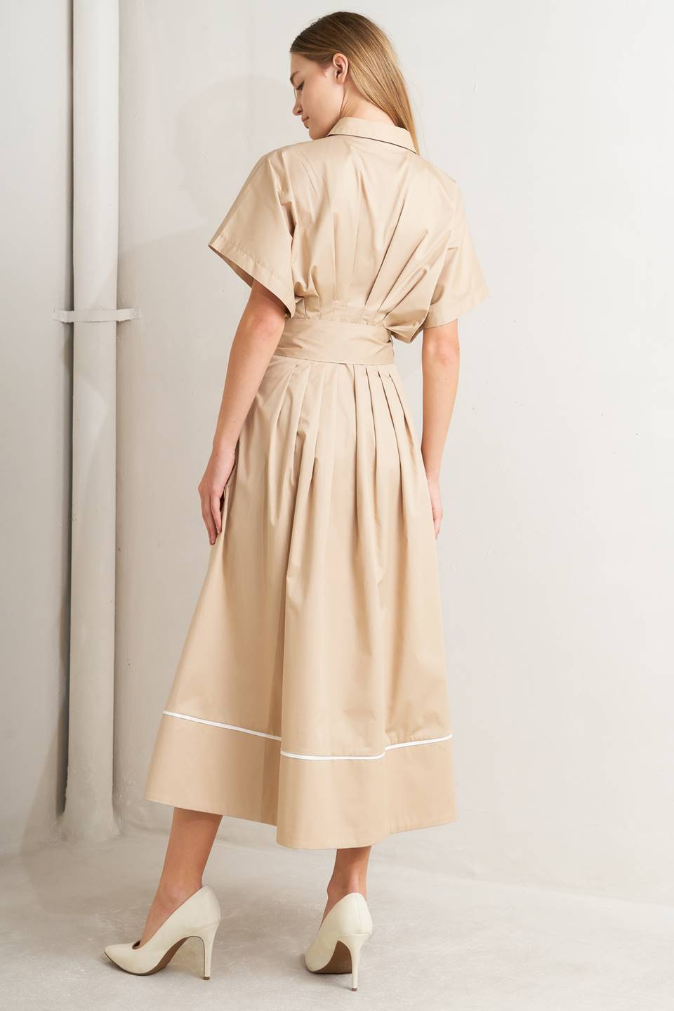 Catch You Later Khaki Woven Midi Dress With Front Button Down And Corset Waist Flying Tomato