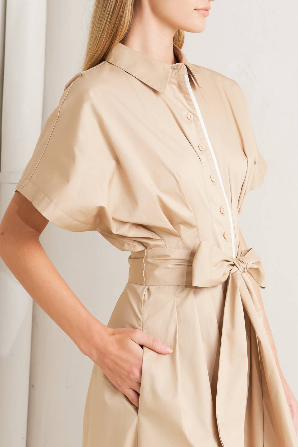 Catch You Later Khaki Woven Midi Dress With Front Button Down And Corset Waist Flying Tomato