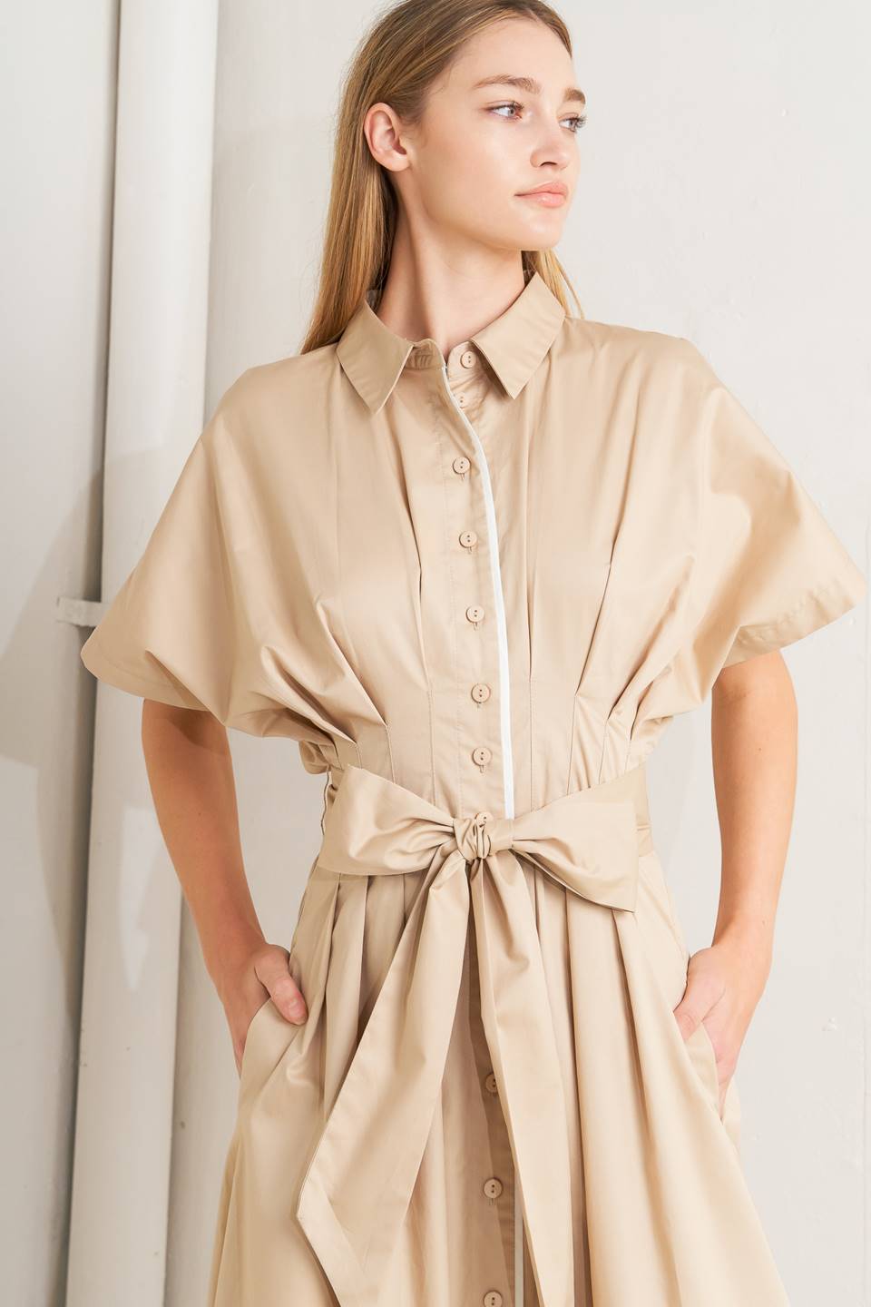 Catch You Later Khaki Woven Midi Dress With Front Button Down And Corset Waist Flying Tomato