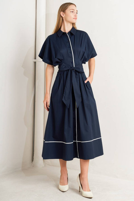 Navy Cotton Woven Midi Dress With Corset Waist And Sash Tie Button Down Flying Tomato