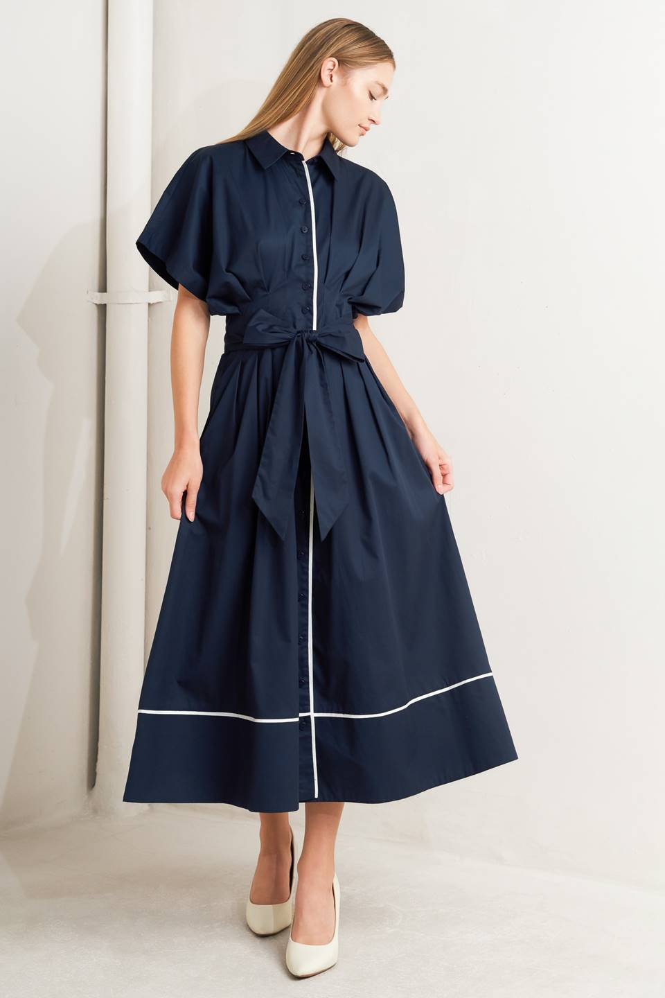 Navy Cotton Woven Midi Dress With Corset Waist And Sash Tie Button Down Flying Tomato
