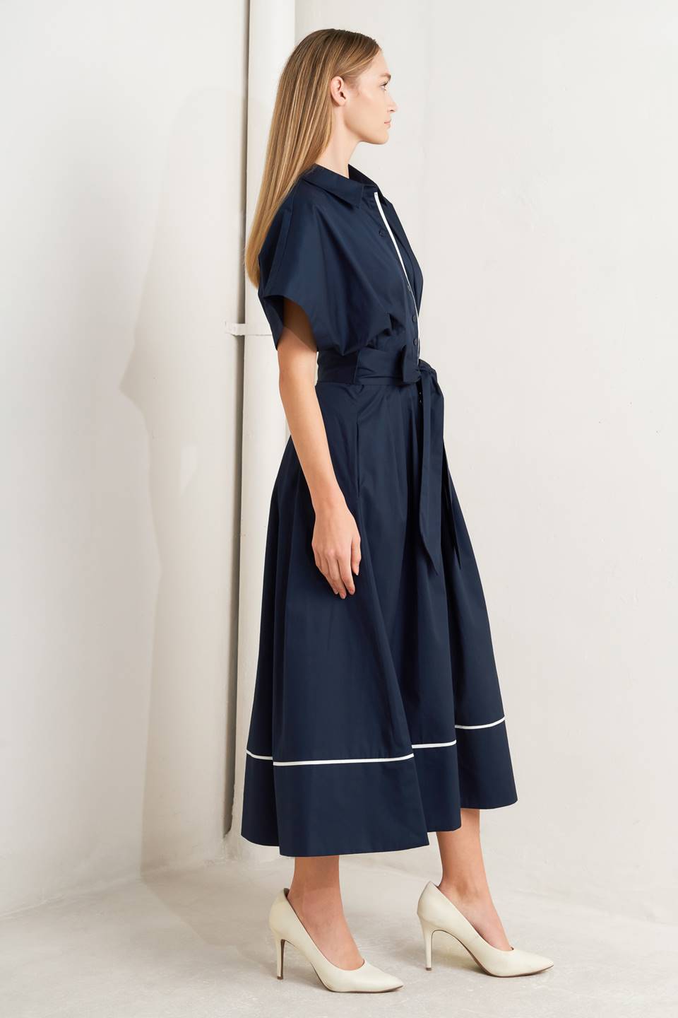 Navy Cotton Woven Midi Dress With Corset Waist And Sash Tie Button Down Flying Tomato