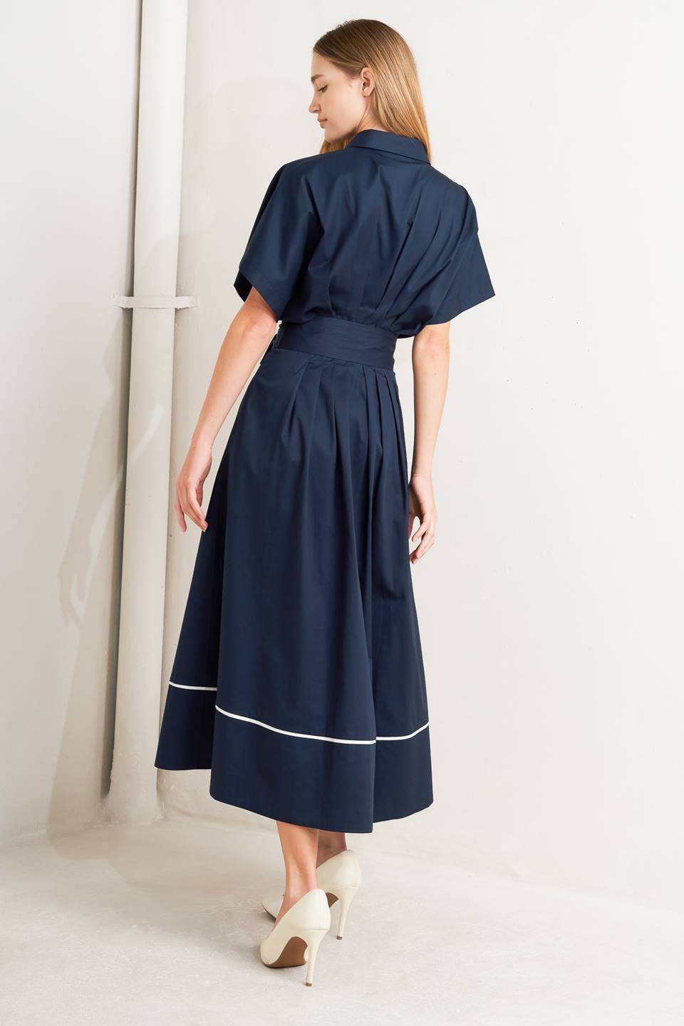 Navy Cotton Woven Midi Dress With Corset Waist And Sash Tie Button Down Flying Tomato