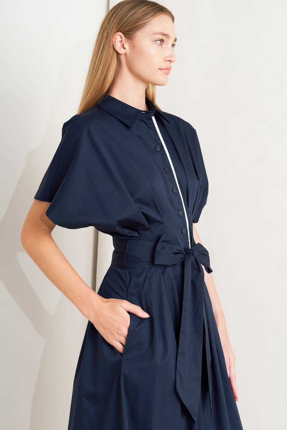 Navy Cotton Woven Midi Dress With Corset Waist And Sash Tie Button Down Flying Tomato
