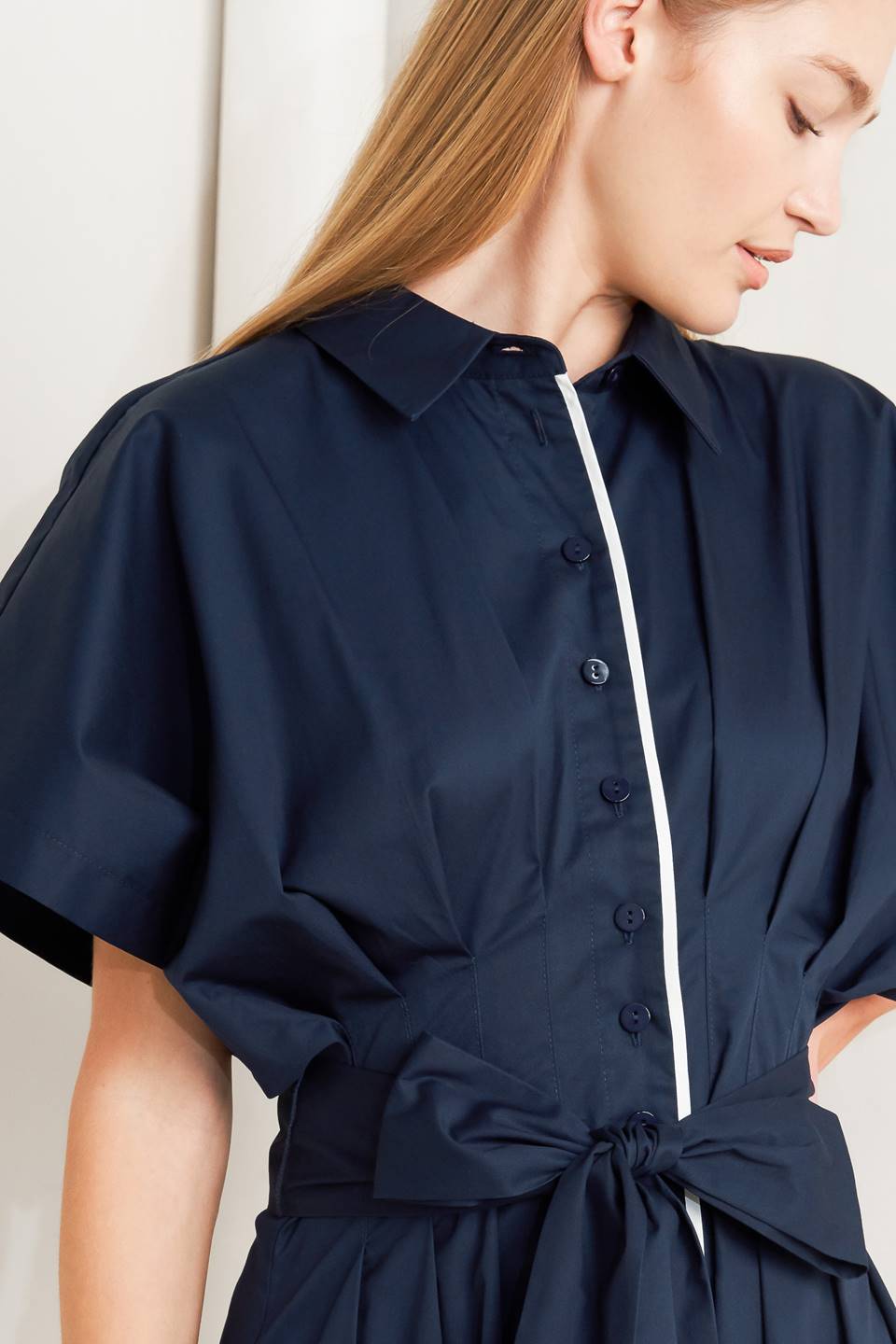 Navy Cotton Woven Midi Dress With Corset Waist And Sash Tie Button Down Flying Tomato