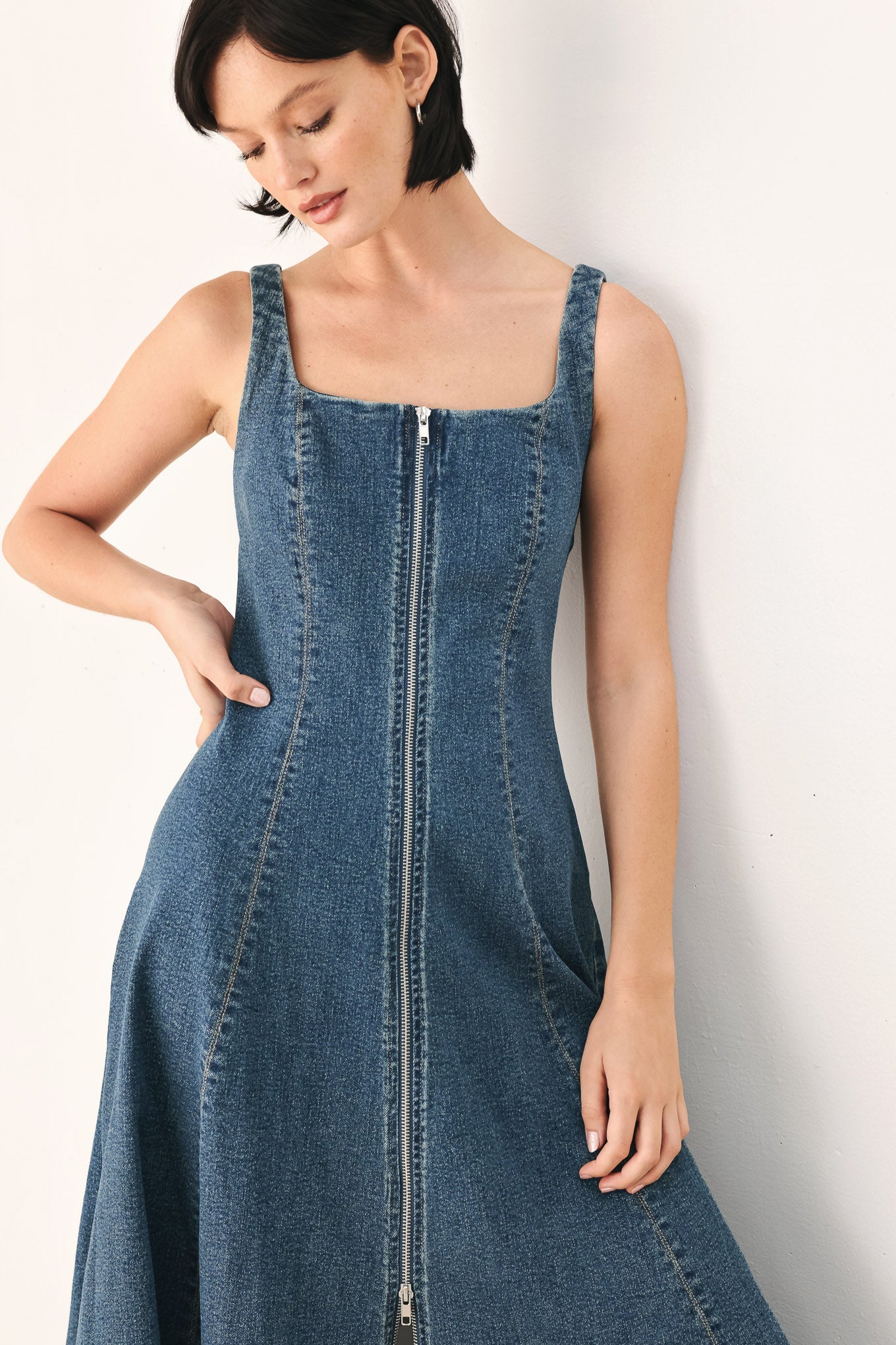 Blue Horizon Washed Denim Midi Dress Front Zipper Square Neck Circle Skirt