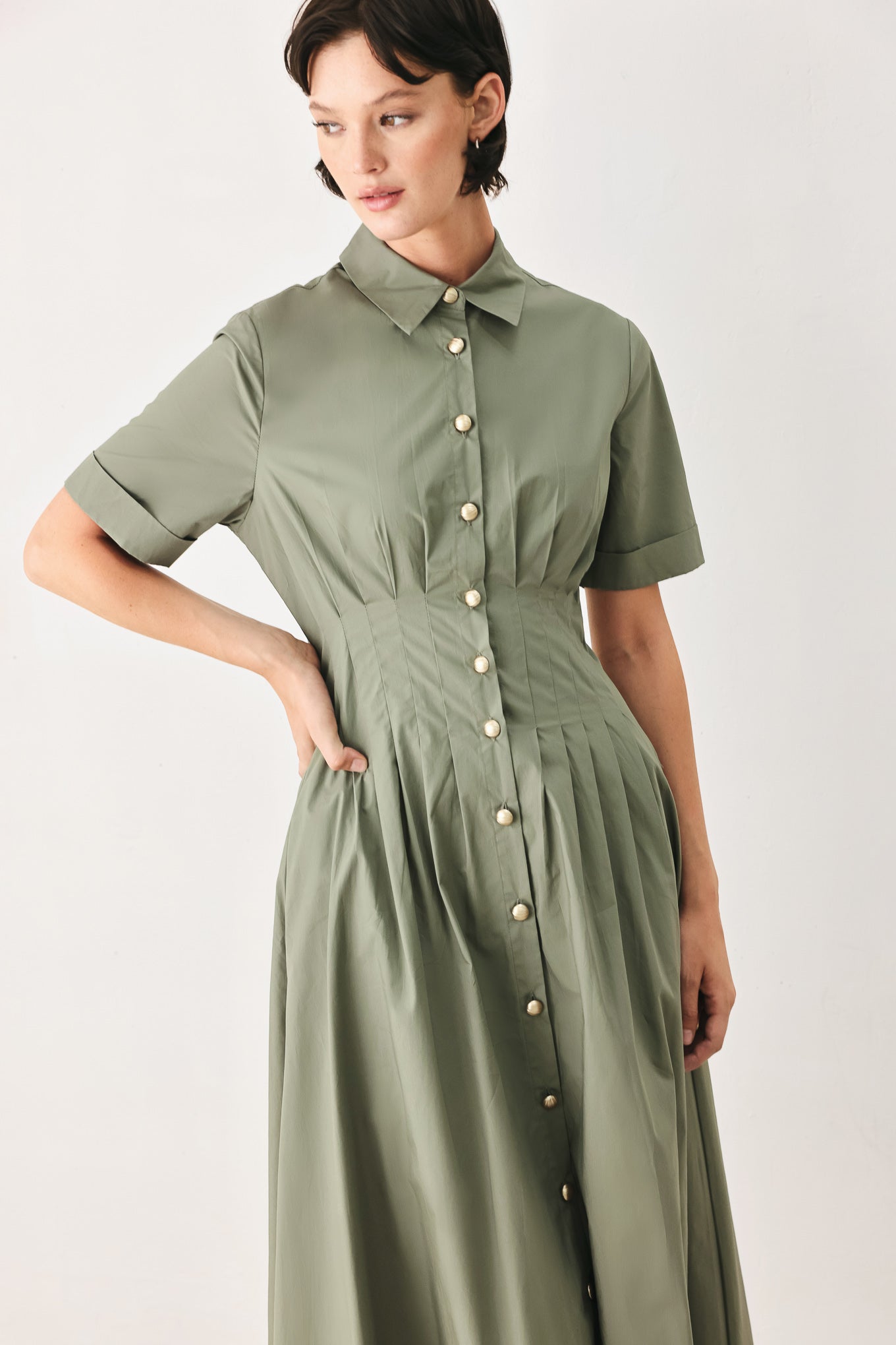 Country Charm Woven Midi Dress With Collared Button Front And Corset Waist