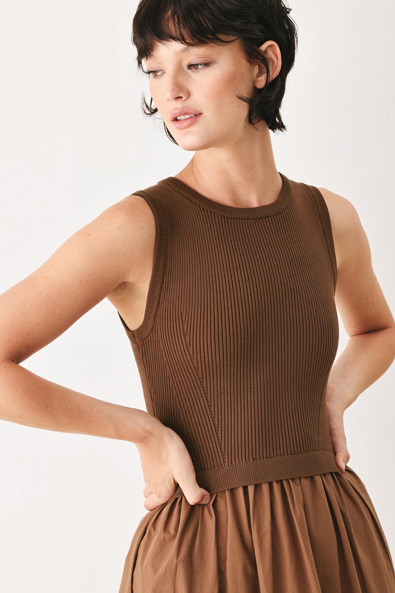 Espresso Knit Midi Dress With Sleeveless Bodice And Tiered Skirt