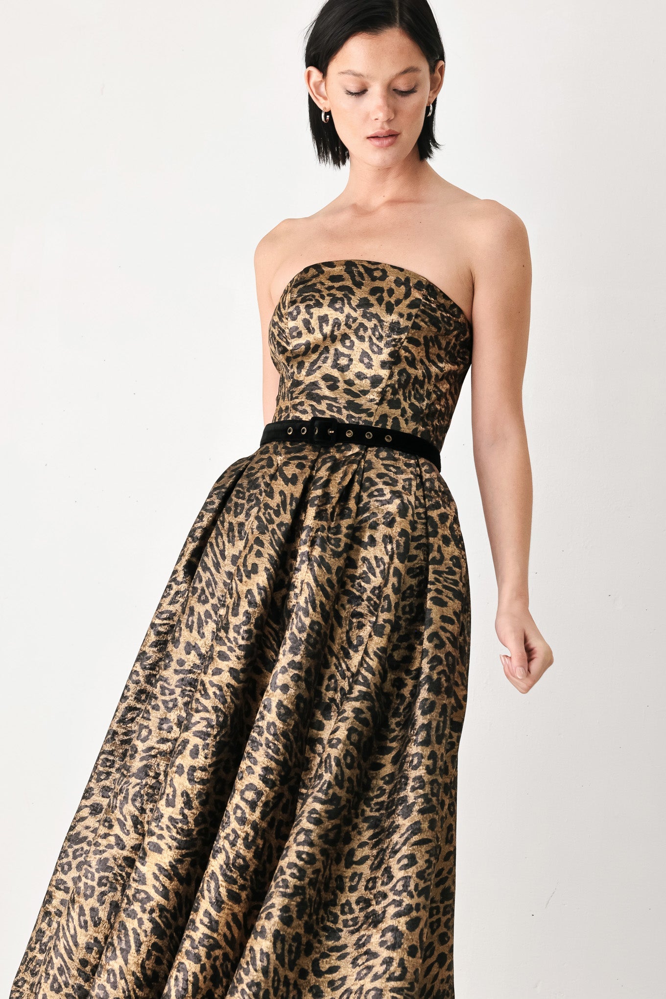Women's Leopard Print Strapless Belted Full Skirt Midi Dress