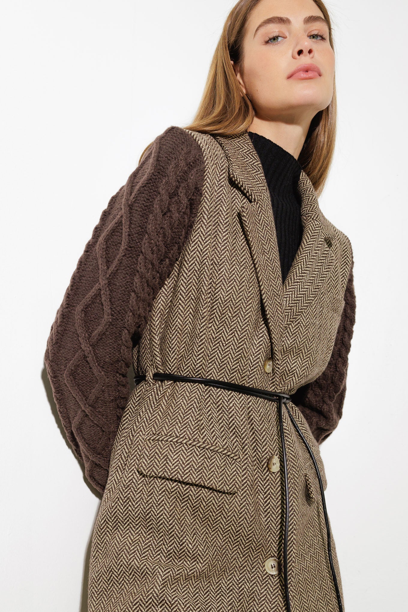 TWEED & KNIT FUSION COAT WITH BELT