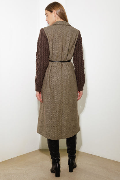 TWEED & KNIT FUSION COAT WITH BELT