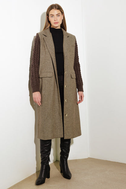 TWEED & KNIT FUSION COAT WITH BELT