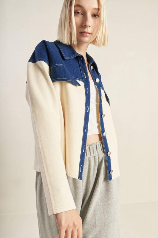 Flying Tomato Sweet Harmony Denim Combination Jacket, a stylish women's outerwear piece with unique fabric blend.