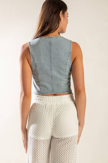 KICK IT WITH ME DENIM VEST - Light Wash Cropped Style