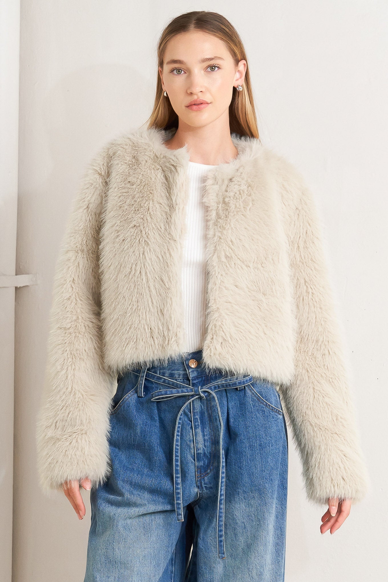 LONDON FLARE CREAM FAUX FUR CROP JACKET Flying Tomato