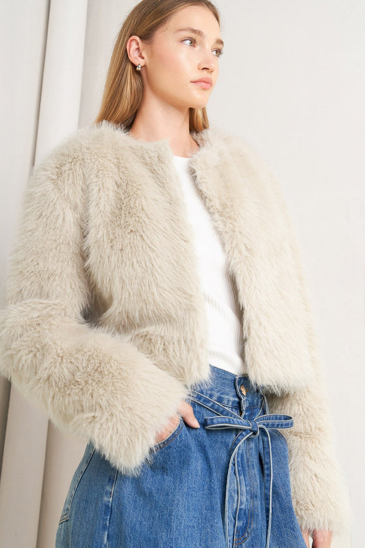 LONDON FLARE CREAM FAUX FUR CROP JACKET Flying Tomato