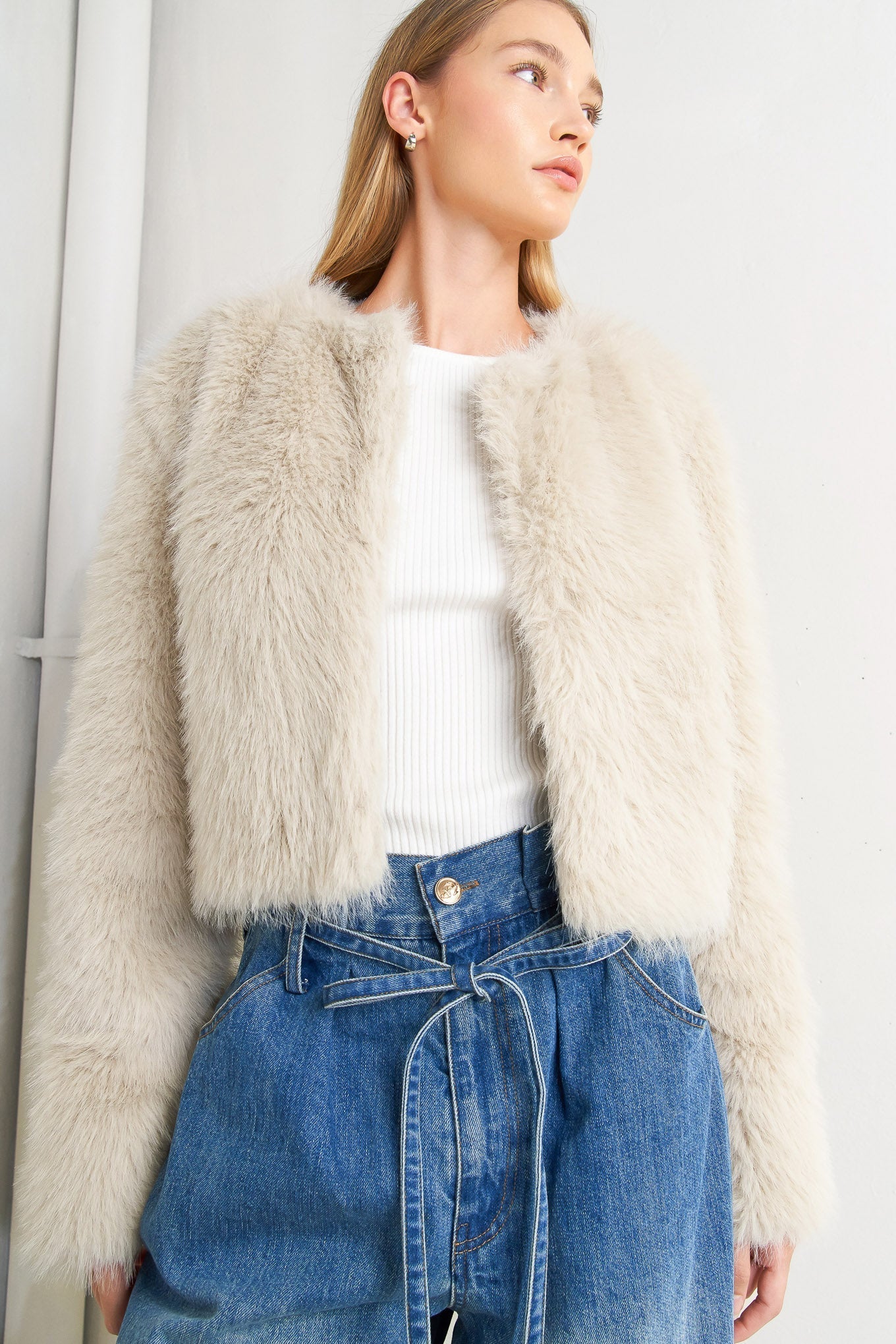 LONDON FLARE CREAM FAUX FUR CROP JACKET Flying Tomato