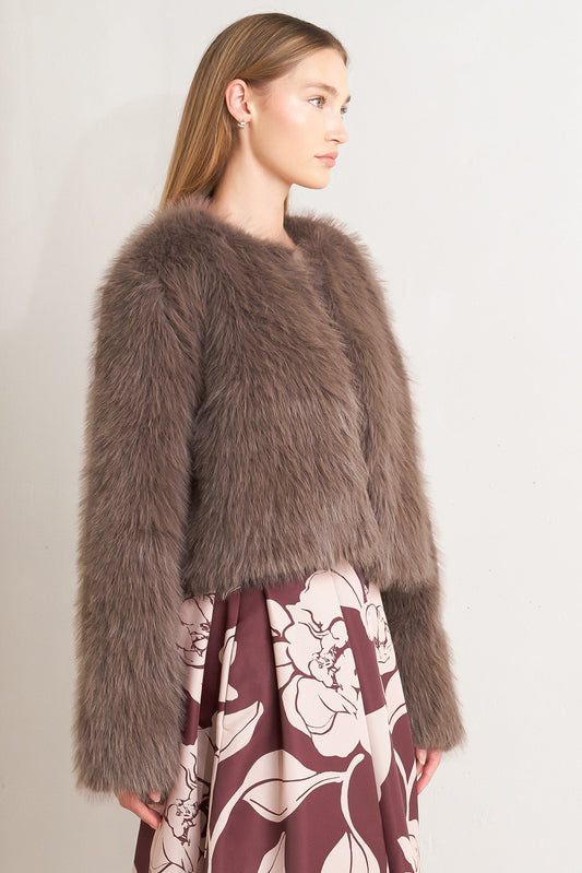 LONDON FLARE MOCHA FAUX FUR CROP JACKET Flying Tomato