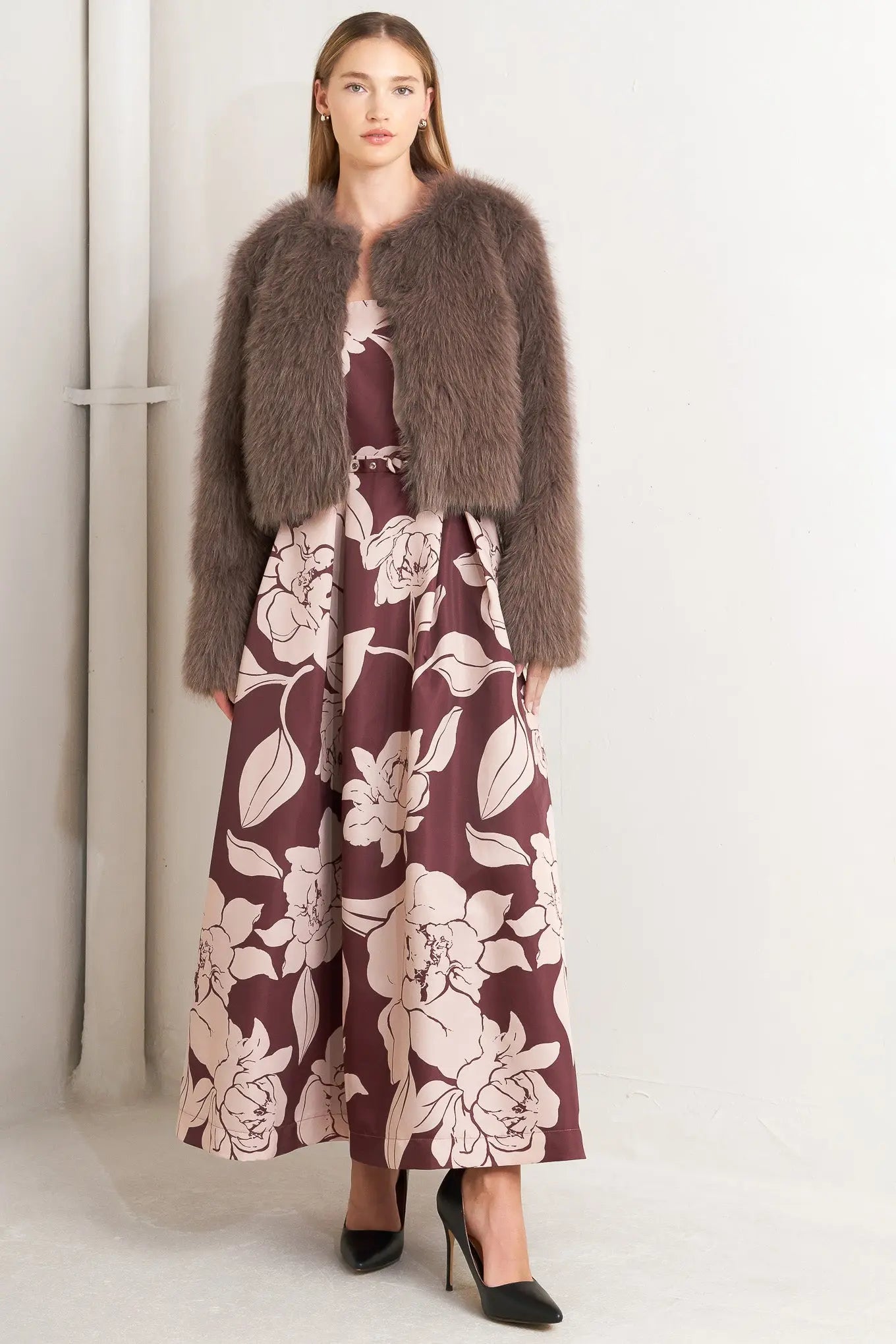 LONDON FLARE MOCHA FAUX FUR CROP JACKET Flying Tomato