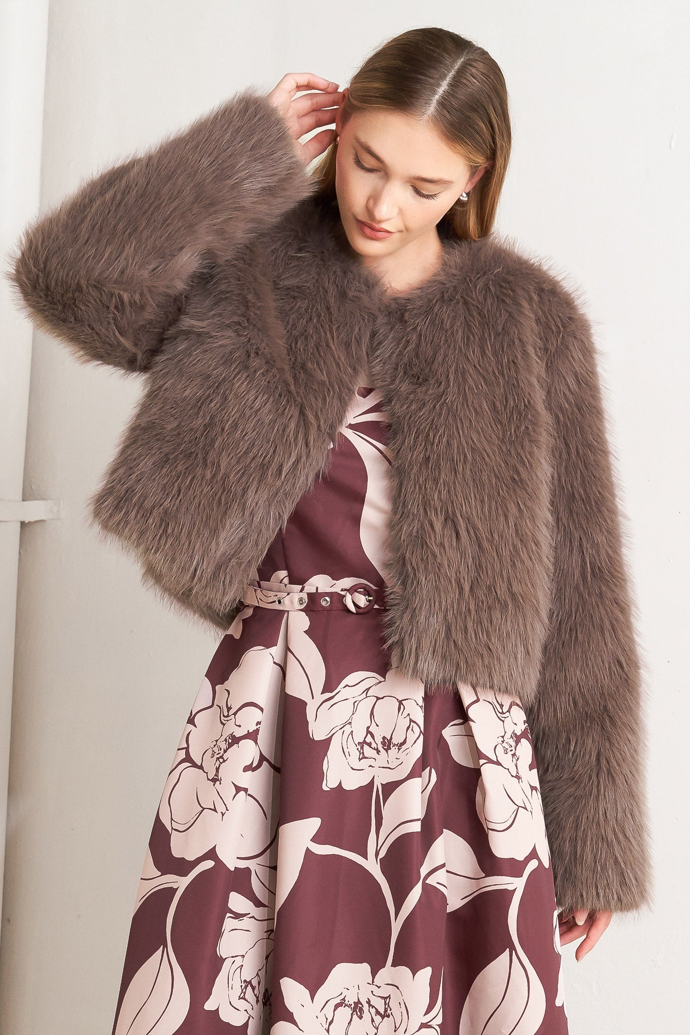 LONDON FLARE MOCHA FAUX FUR CROP JACKET Flying Tomato