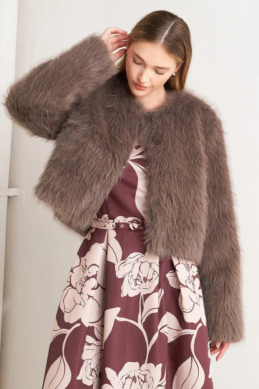 LONDON FLARE MOCHA FAUX FUR CROP JACKET Flying Tomato