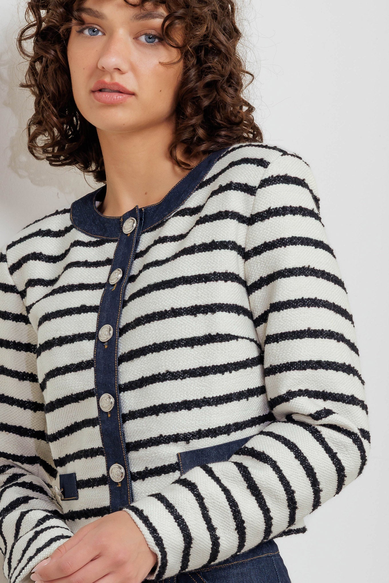 BONJOUR STRIPE WOVEN CROP JACKET Flying Tomato