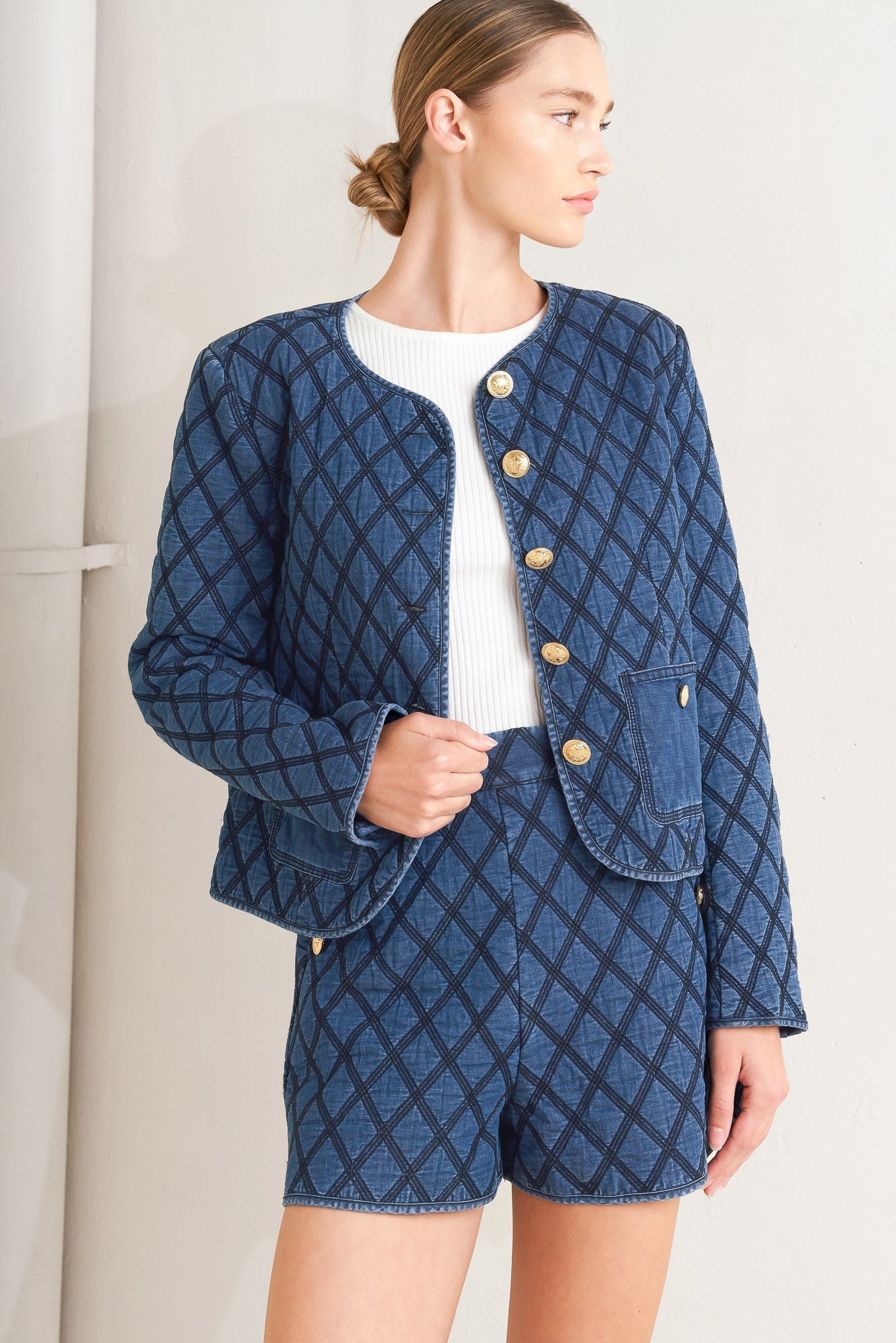 ModernLuxe Quilted Woven Jacket With Gold Buttons Front Flying Tomato