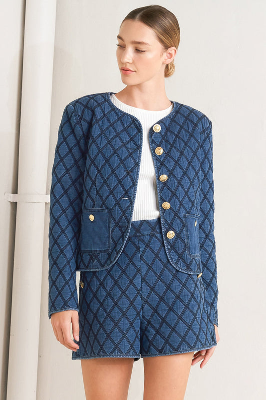 ModernLuxe Quilted Woven Jacket With Gold Buttons Front Flying Tomato