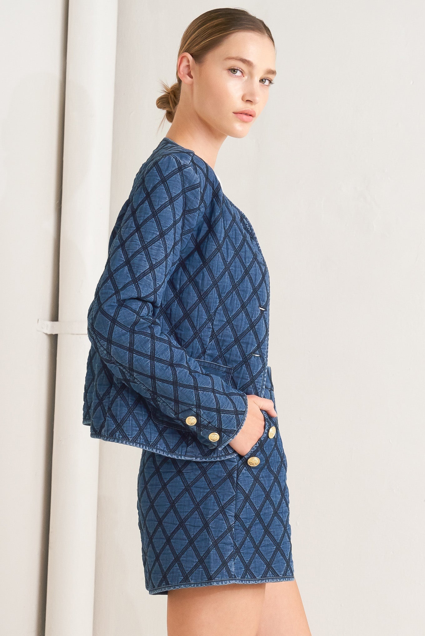 ModernLuxe Quilted Woven Jacket With Gold Buttons Front Flying Tomato