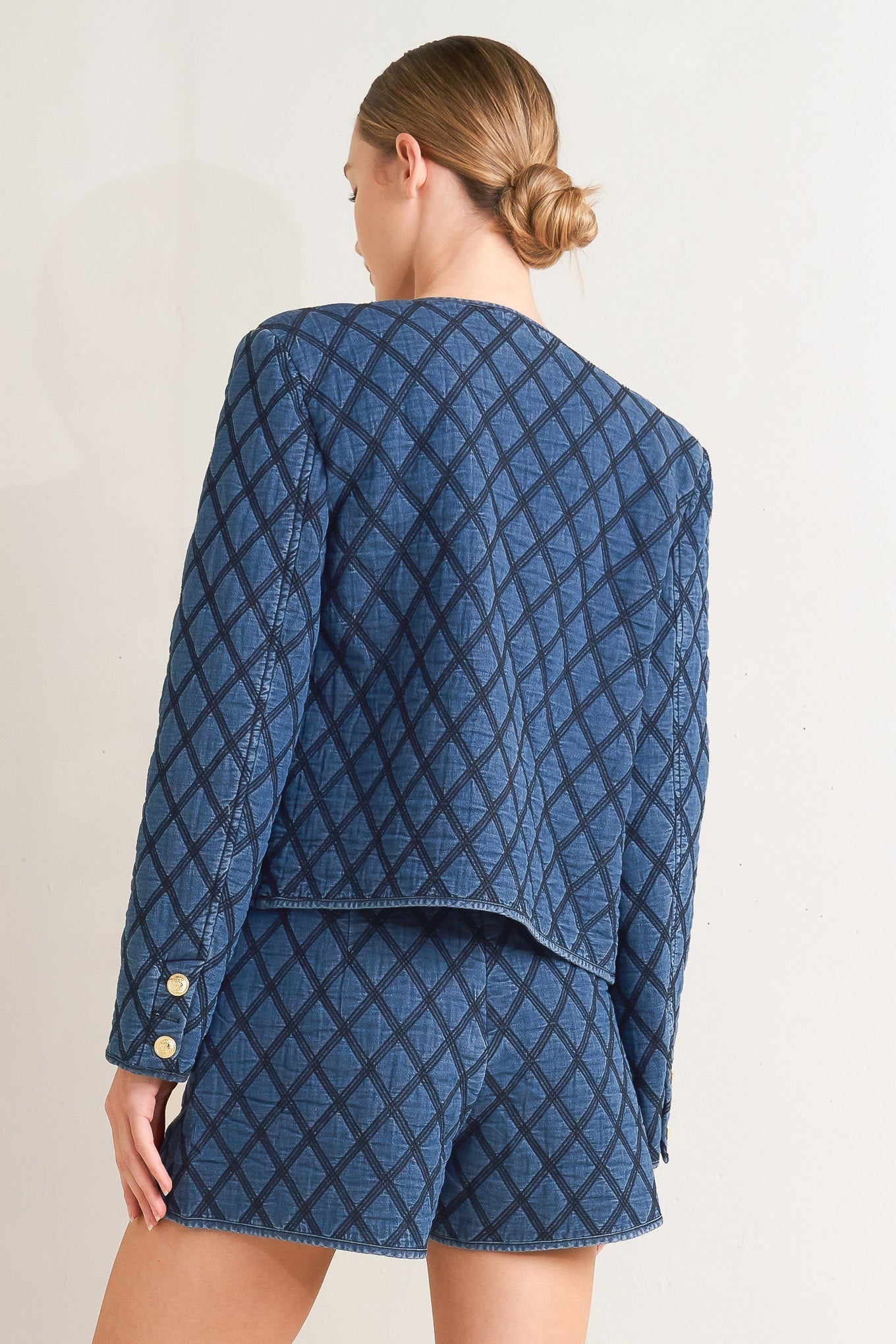 ModernLuxe Quilted Woven Jacket With Gold Buttons Front Flying Tomato