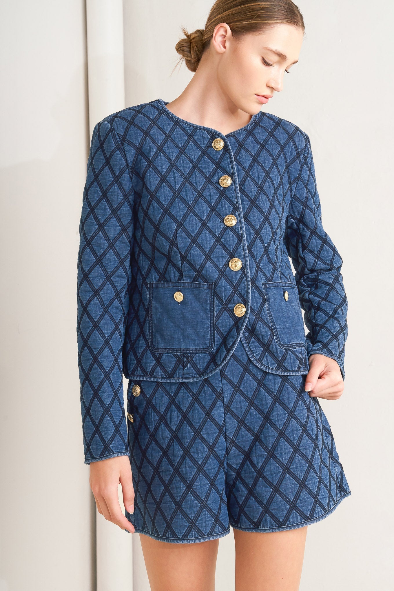 ModernLuxe Quilted Woven Jacket With Gold Buttons Front Flying Tomato
